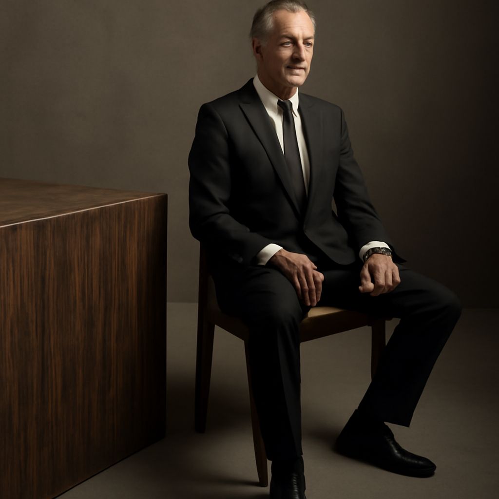Portrait subject lit with intentional tonal contrast against a simple background