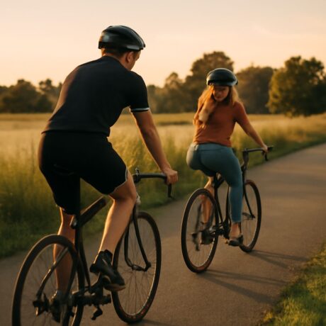 A person riding a bicycle with a picturesque background