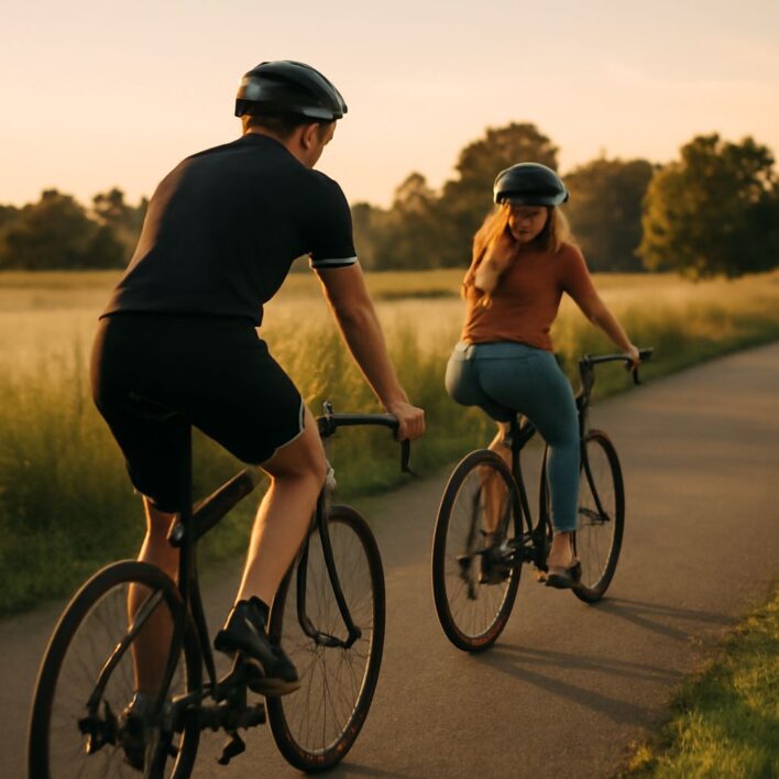A person riding a bicycle with a picturesque background