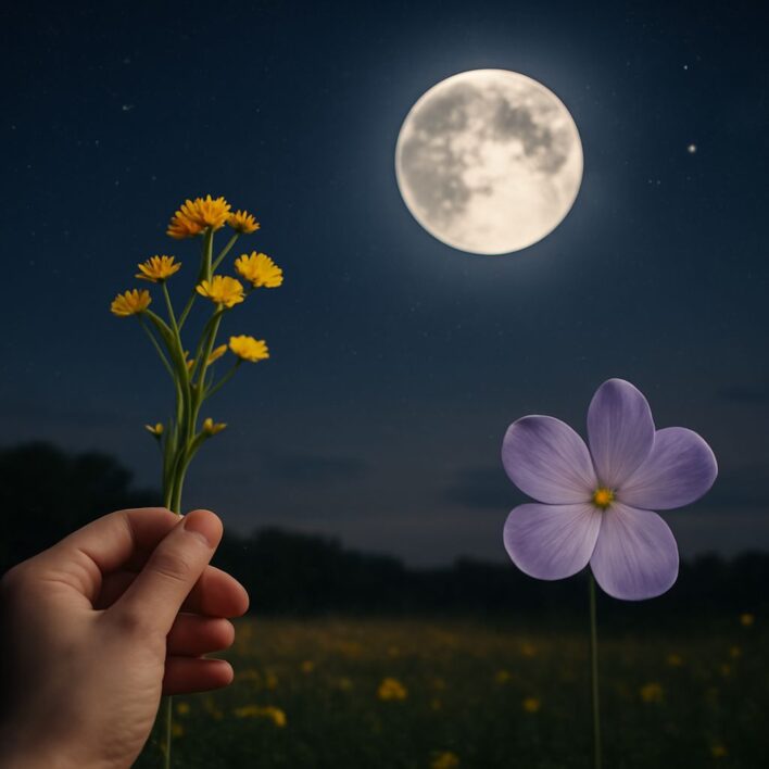 A blooming moonflower at night